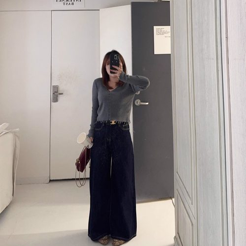 小个子复古显高丹宁色牛仔裤女