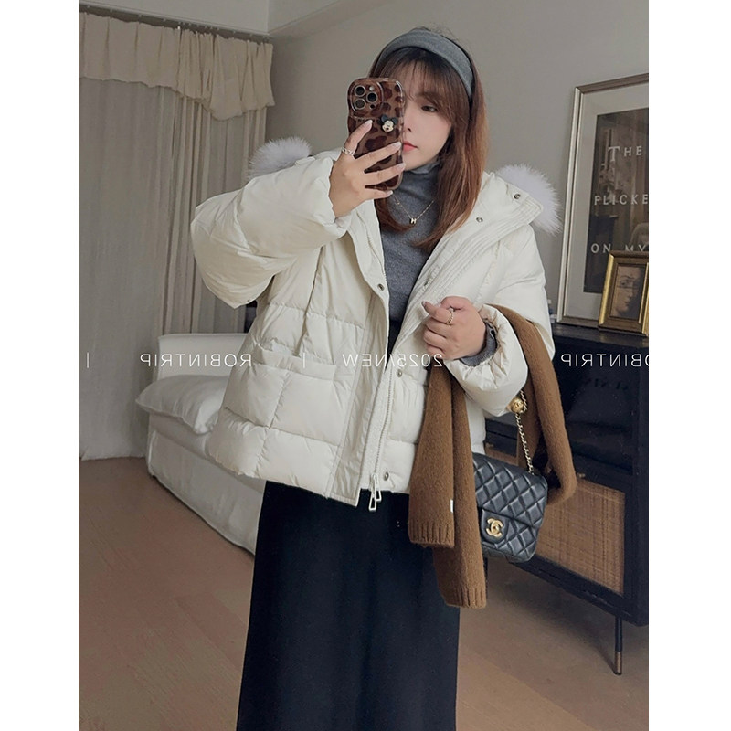 知更鸟昂酱 小个子短款羽绒服女连帽狐狸毛领90白鸭绒面包服,女装/女士精品,羽绒服,淘宝优惠券,粉丝福利购,淘宝优惠卷