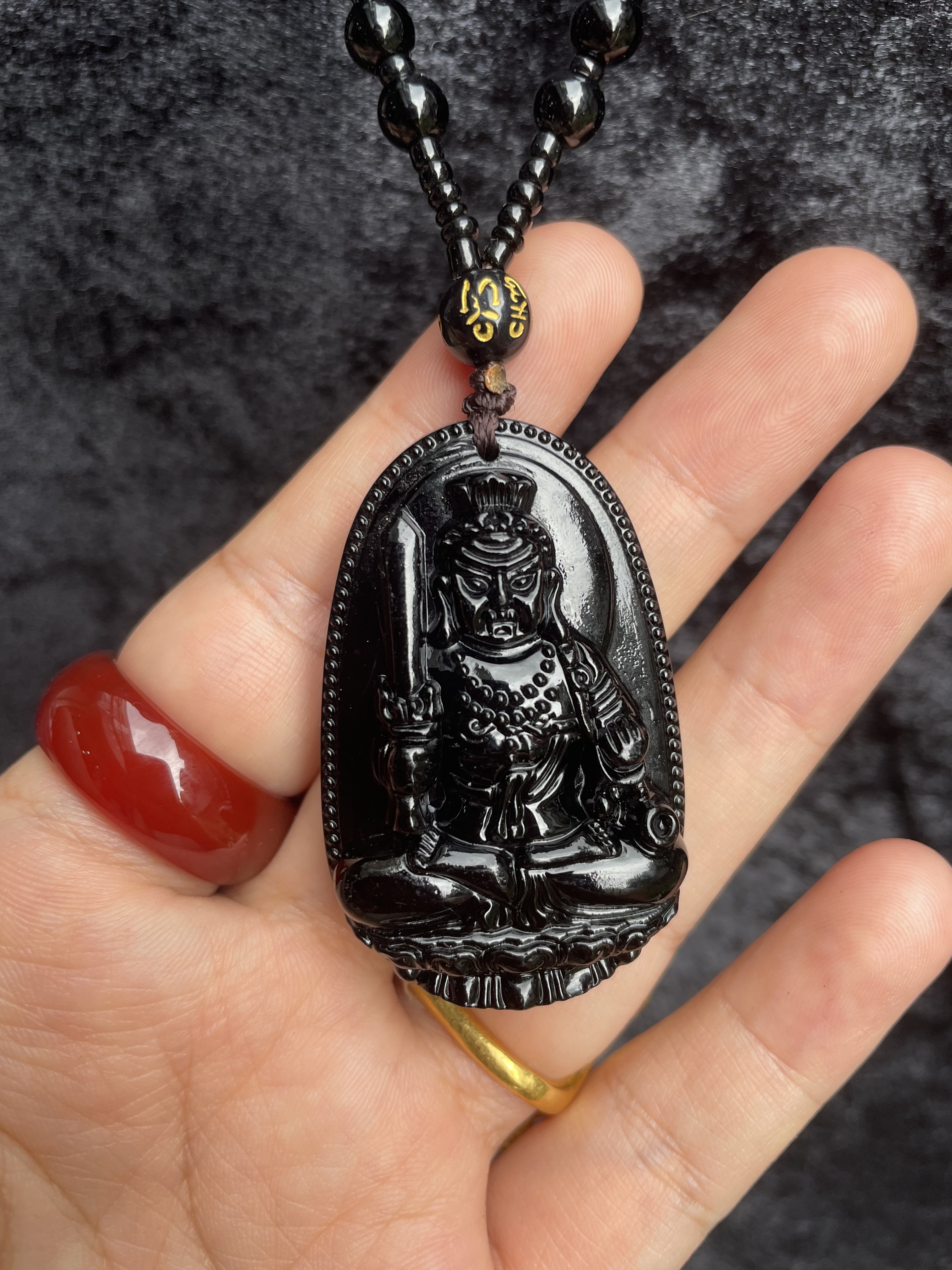 黑曜石不动明王菩萨吊坠玉佩玉坠颈饰