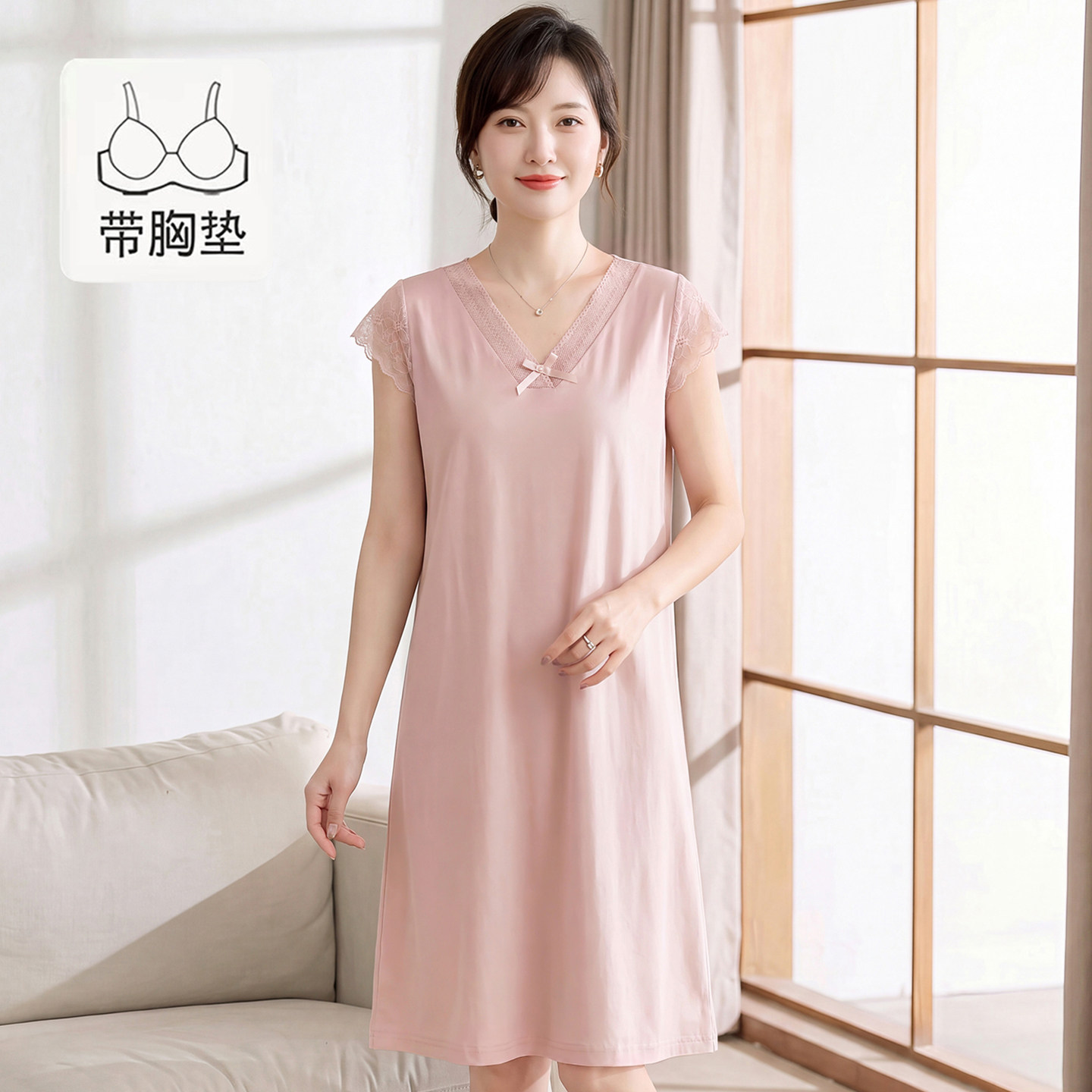 带胸垫睡裙女款2026新款夏季高级感短袖女士精致绝美妈妈夏天睡衣图片