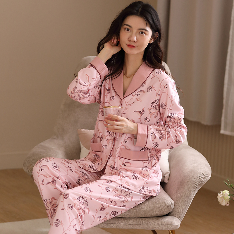 品牌中老年人妈妈睡衣女春秋季纯棉长袖中年加大码宽松春天家居服