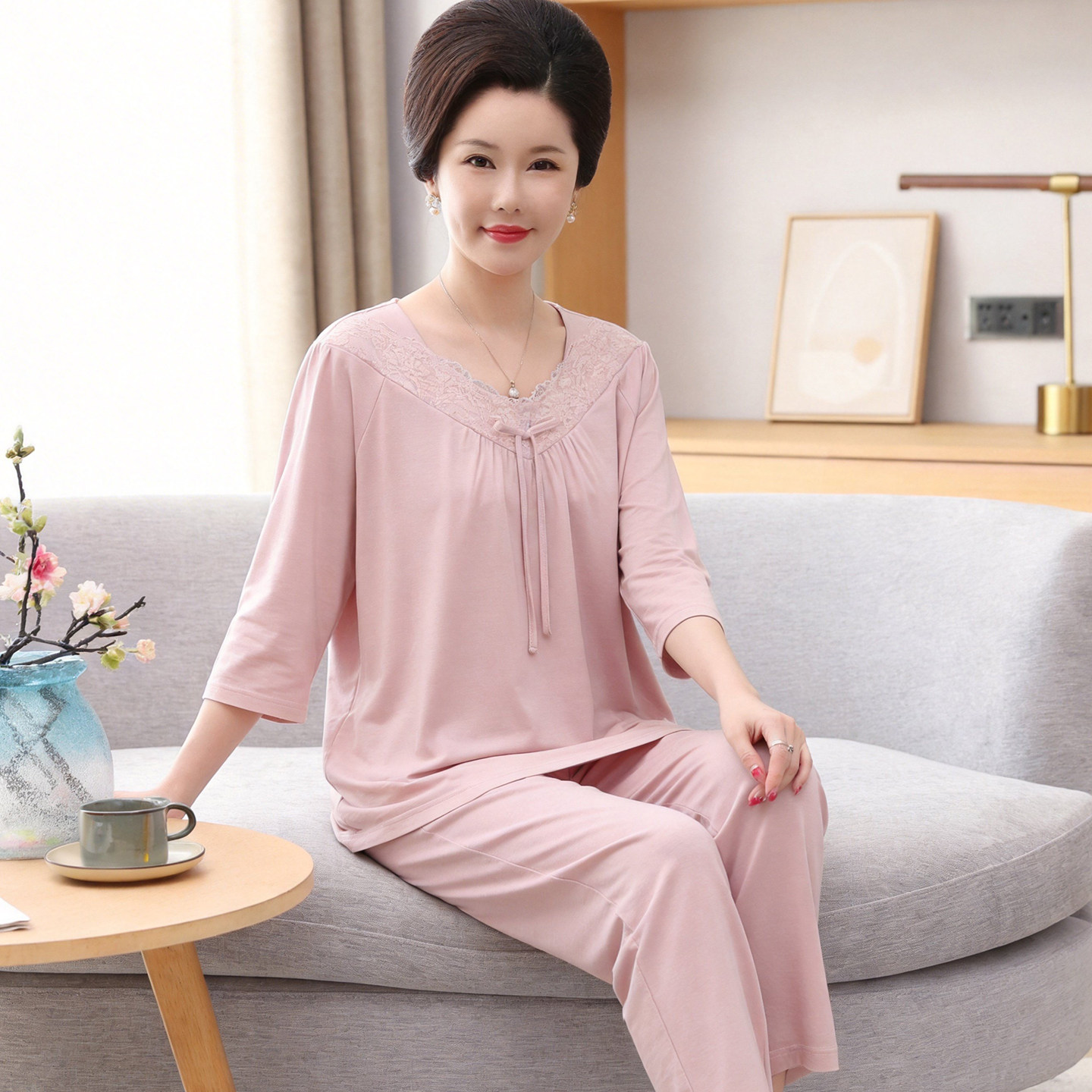 七分袖莫代尔棉睡衣女款夏季柔软中年妈妈中老年人春秋薄款家居服