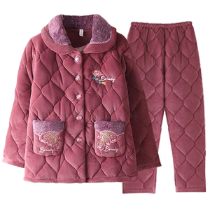 中老年人秋冬款妈妈睡衣女加绒加厚珊瑚绒夹棉老人奶奶家居服冬季