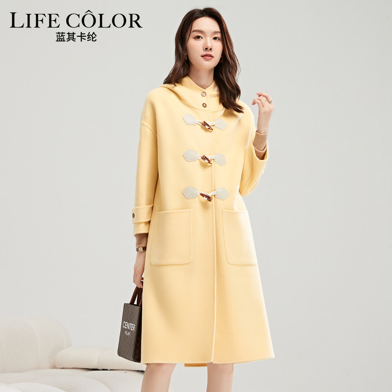 正品断码清仓特价大衣牛角扣连帽大衣大码胖mm纯羊毛大衣女长款