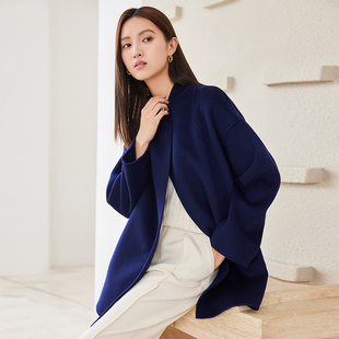 纯羊毛加厚双面呢大衣2023秋冬新款时尚宽松立领毛呢外套女中长款