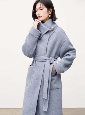 不规则高领立领气质高级感新款秋冬厚纯羊毛双面呢大衣女长款