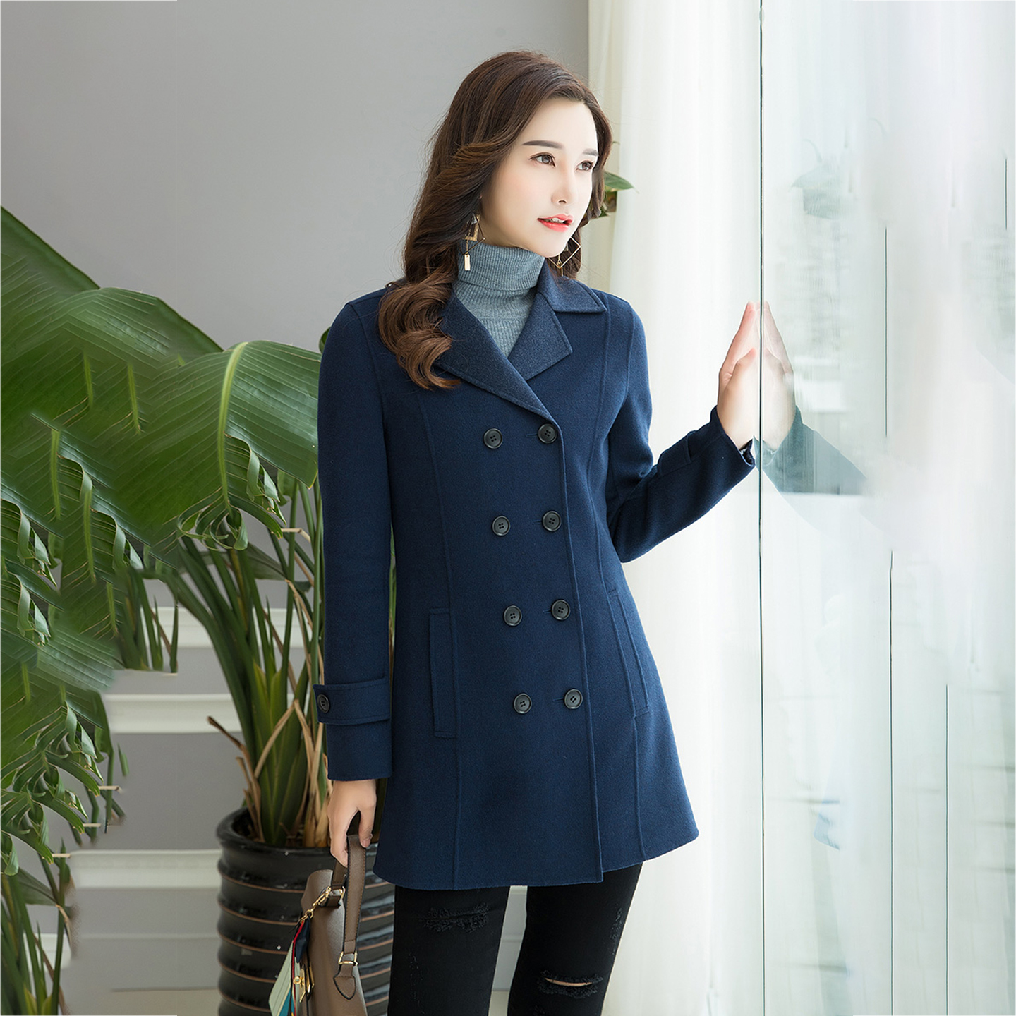羊毛加桑蚕丝秋冬双排扣翻领修身显瘦双面呢大衣女中长款