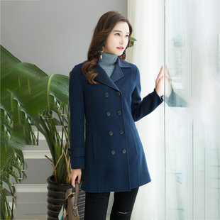 羊毛加桑蚕丝秋冬双排扣翻领修身显瘦双面呢大衣女中长款