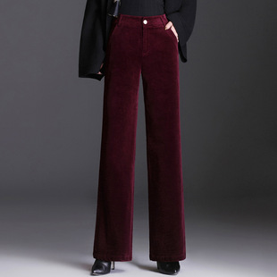 高端秋冬新款高腰直筒灯芯绒裤女时尚大码休闲条绒裤宽松长款女裤