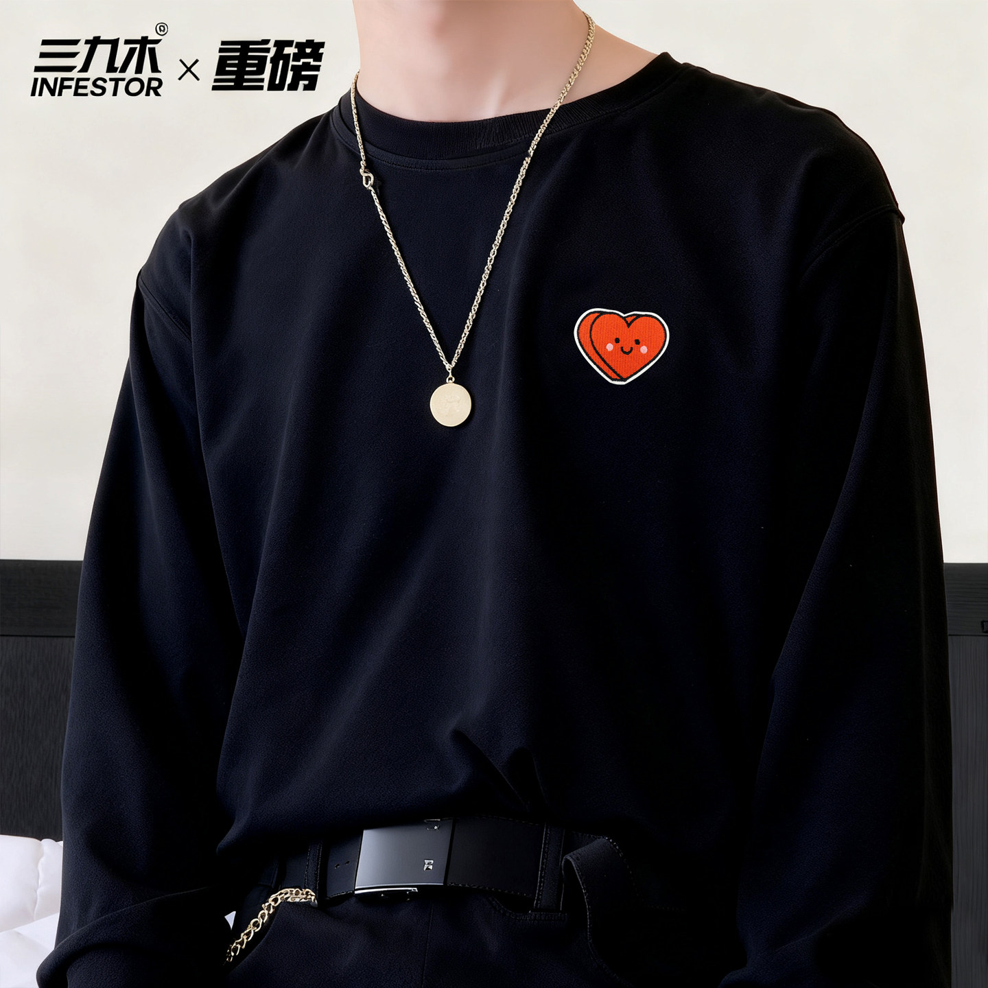 美式街头潮牌大码男装重工刺绣长袖T恤胖子宽松休闲打底衫学生男