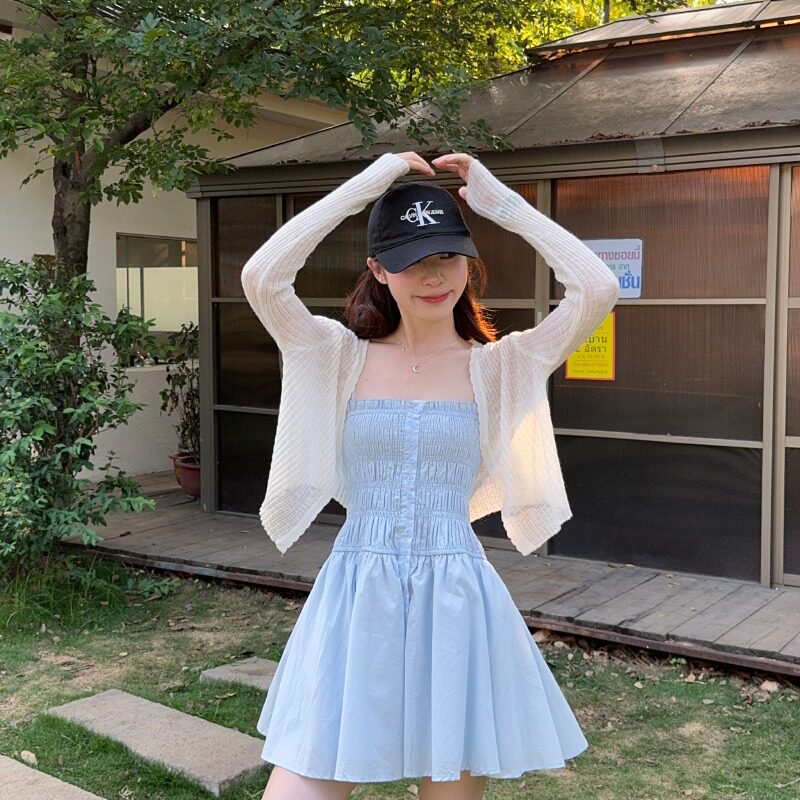 提莫少女辣妹夏季度假风吊带连衣裙女蓝色短款裙子防晒薄开衫套装