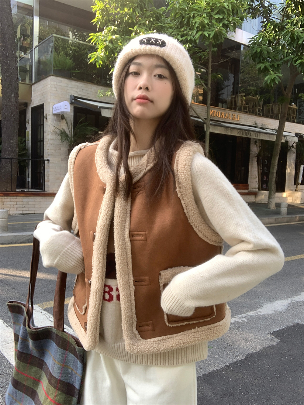 棕色皮毛一体背心马甲外套女