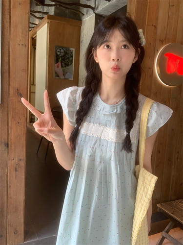 现货夏季田园小清新重工花边圆领飞飞袖碎花连衣裙女小个子娃娃裙