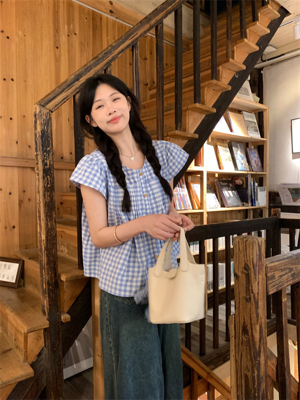 现货夏季甜辣可爱减龄蓝色格子飞飞袖娃娃衫女日系小个子短袖衬衫