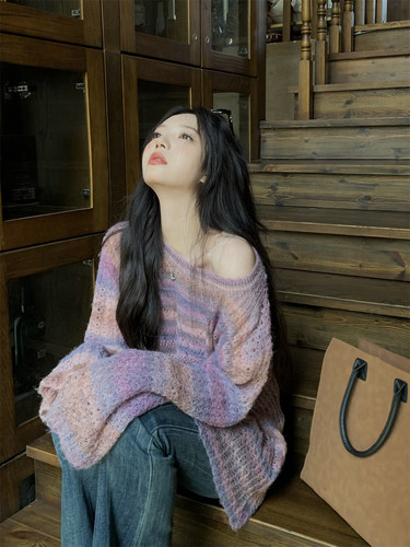 现货粉紫色慵懒风软糯套头毛衣女秋季长袖露肩镂空彩色毛衫