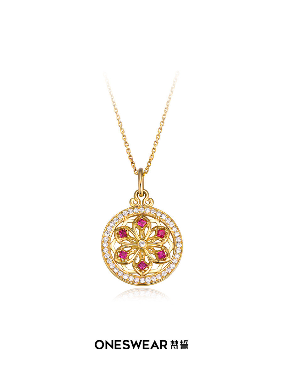 ONE SWEAR/梵誓缤纷-玫瑰花窗 18K金红宝石吊坠镶钻项链情侣礼物