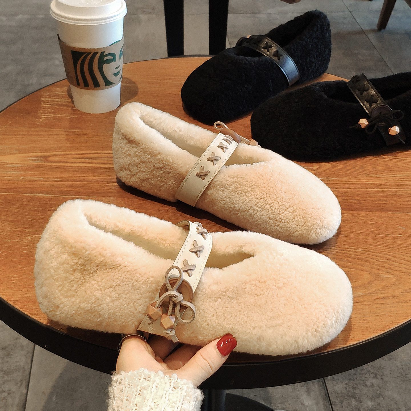 羊羔毛玛丽珍豆豆鞋女冬外穿平底加绒毛毛鞋一脚蹬棉瓢鞋皮毛一体,女鞋,浅口单鞋,淘宝优惠券,粉丝福利购,淘宝优惠卷