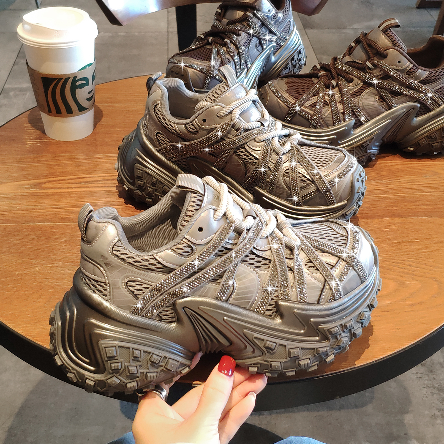 欧货水钻7cm厚底增高轮胎运动鞋