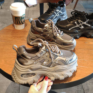 休闲增高小个子运动鞋 真皮水钻轻便跑步鞋 女秋 气垫厚底7cm老爹鞋