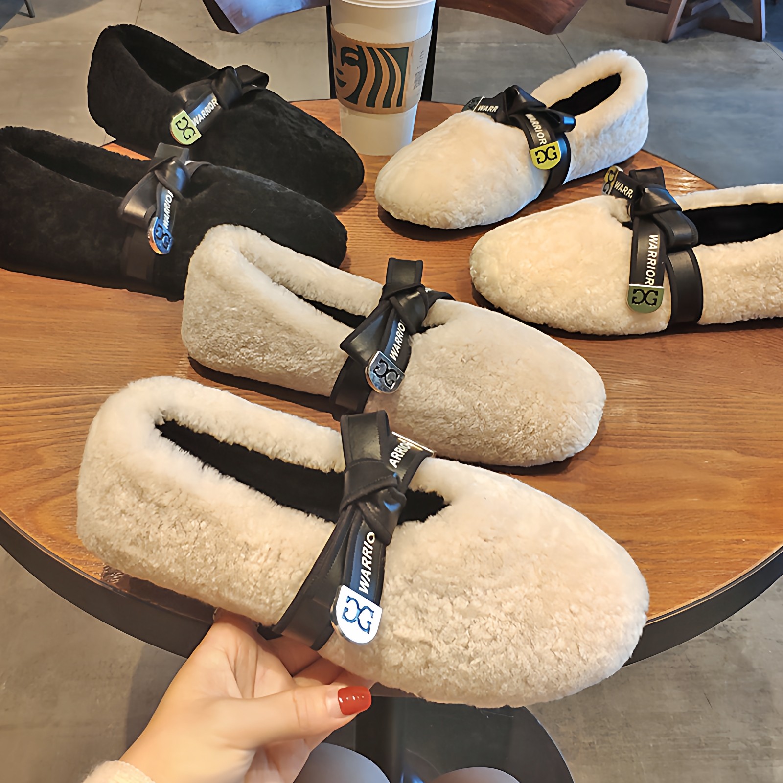 蝴蝶结羊羔毛豆豆鞋女平底皮毛一体毛毛鞋一脚蹬加绒显脚小棉瓢鞋,女鞋,浅口单鞋,淘宝优惠券,粉丝福利购,淘宝优惠卷