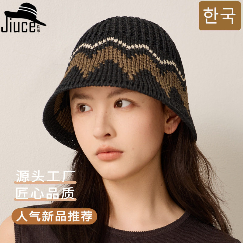 小众韩国拼色M提花和纸水桶帽子女生夏季新款透气可折叠防晒盆帽