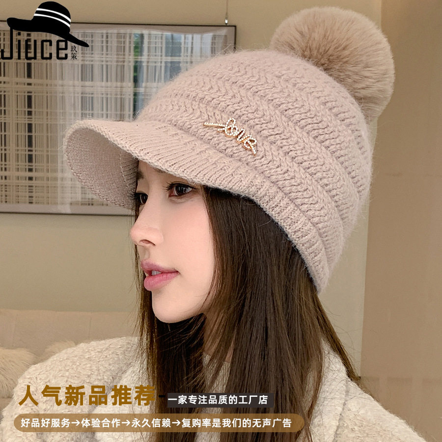 韩版秋冬兔毛帽子女字母亮钻标针织毛线帽加绒保暖毛球护耳鸭舌帽
