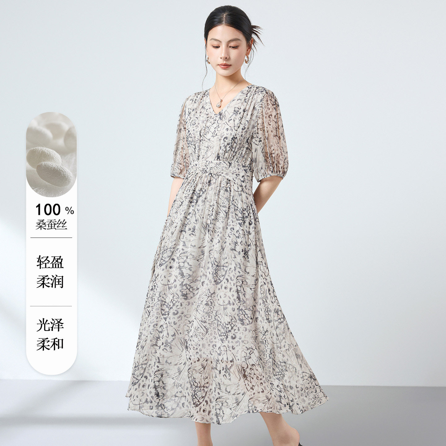 夏季桑蚕丝乔其印花V领连衣裙女图片