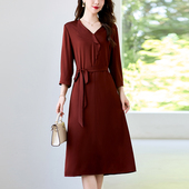 水墨佳人高端洋气气质高贵阔太太中年女装 系带真丝桑蚕丝连衣裙秋