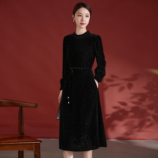 水墨佳人重磅桑蚕丝秋冬长袖真丝丝绒连衣裙重工银丝气质显瘦中长