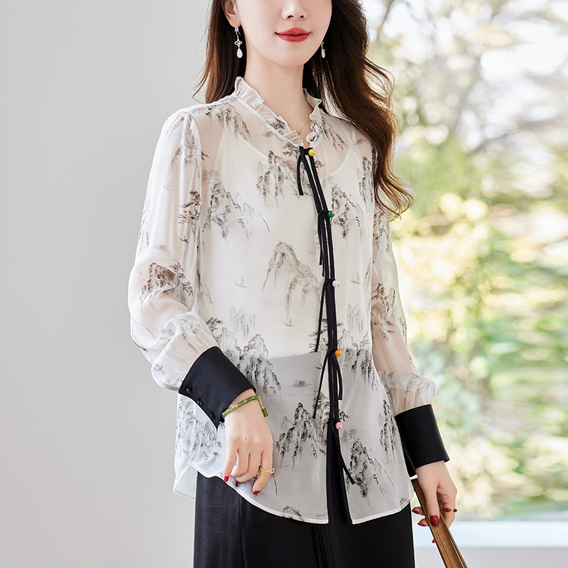 百分百桑蚕丝新中式真丝衬衫女长袖水墨印花桑蚕丝气质上衣妈妈装