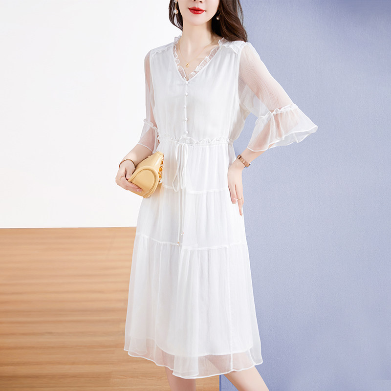 水墨佳人妈妈装夏装新款真丝连衣裙休闲气质V领中年女士短袖裙子