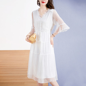 水墨佳人妈妈装 裙子 真丝连衣裙休闲气质V领中年女士短袖 夏装 新款