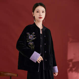 水墨佳人2026新款新中式真丝丝绒外套女黑色刺绣短外套气质上衣