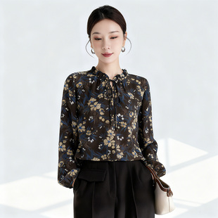 洋气百搭碎花小衫 水墨佳人春秋季 桑蚕丝轻奢上衣时尚 真丝衬衫 新款