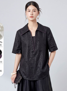 夏装新款通勤风领系带黑色桑蚕丝小衫女短袖宽松显瘦肌理感上衣