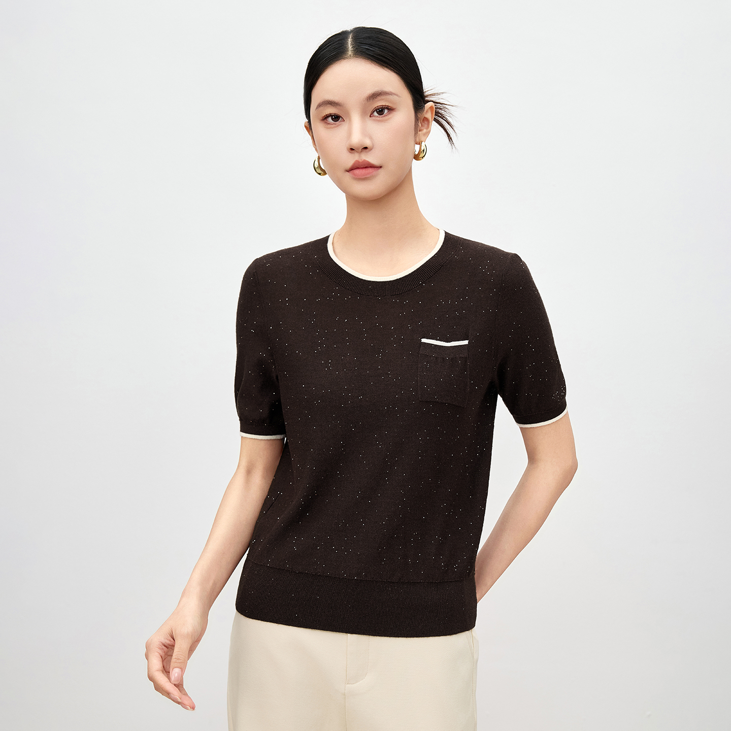 轻奢细闪丝毛得体风黑色短袖针织