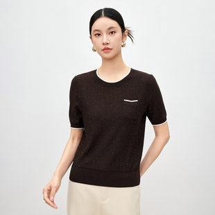 轻奢细闪丝毛得体风黑色短袖针织衫女冬圆领撞色边高级感高端打底