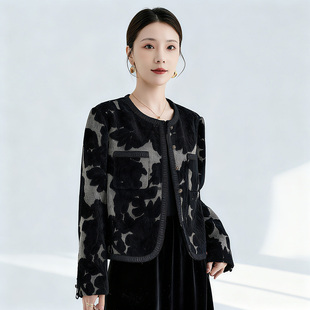 水墨佳人高级感巨好看春秋小香风短款外套女气质轻奢复古丝绒上衣