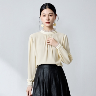 蕾丝边洋气立领打底衫 女秋冬新款 上衣 衬衫 水墨佳人高级感真丝长袖