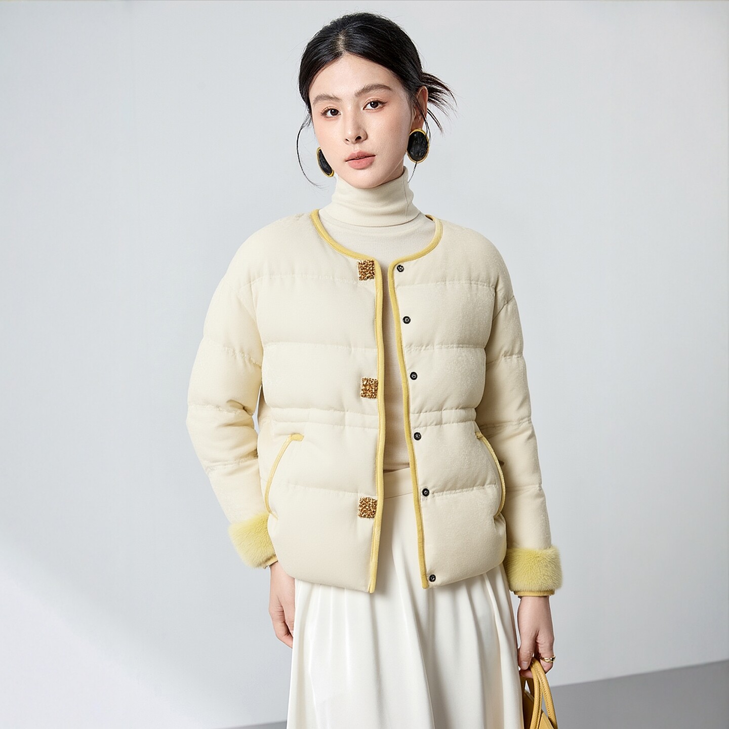 水墨佳人新中式95白鹅绒水貂毛中长款圆领盘扣炒色羽绒服通勤百搭
