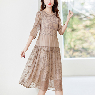 水墨佳人真丝绸缎桑蚕丝时尚云纹绣花2025春夏新款圆领显瘦连衣裙