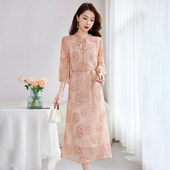 水墨佳人通勤风刺绣真丝连衣裙女士七分袖 中长款 收腰显瘦优雅裙子