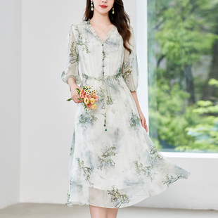 水墨佳人夏新款真丝百分百桑蚕丝V领系带收腰碎花连衣裙子气质女
