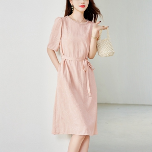 裙子女 真丝桑蚕丝立体提花连衣裙女圆领短袖 水墨佳人2026夏季 新款