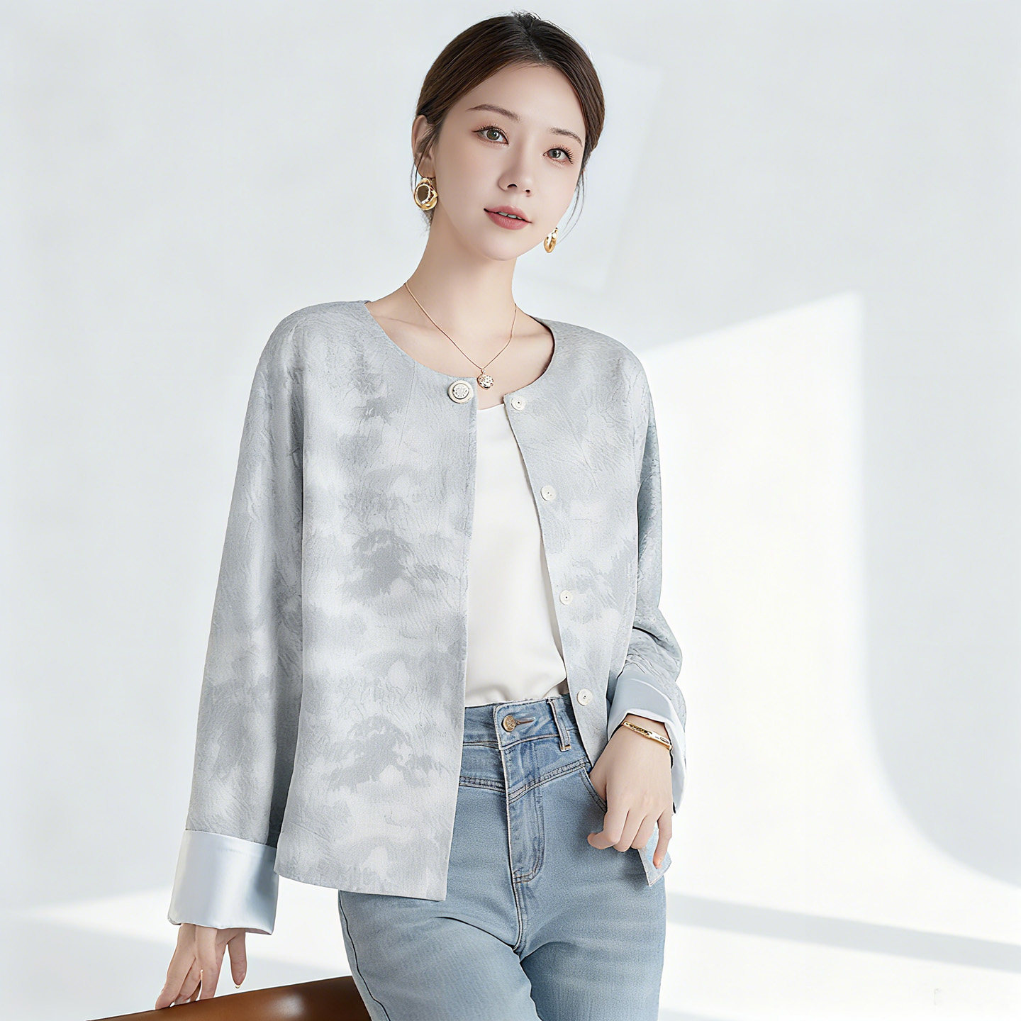 水墨佳人秋冬国风新中式桑蚕丝提花圆领外套女拼接长袖气质显瘦短,女装/女士精品,短外套,淘宝优惠券,粉丝福利购,淘宝优惠卷