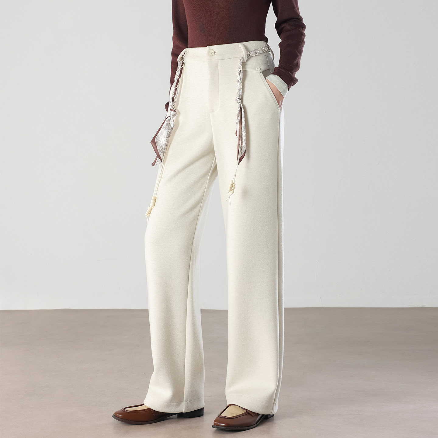 水墨佳人高腰阔腿裤女米白色丝巾腰带装饰冬季显瘦百搭通勤休闲裤,女装/女士精品,休闲裤,淘宝优惠券,粉丝福利购,淘宝优惠卷