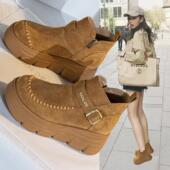 品牌官方自营真皮厚底马丁靴女2025秋冬新款 增高休闲短靴 加绒棉鞋