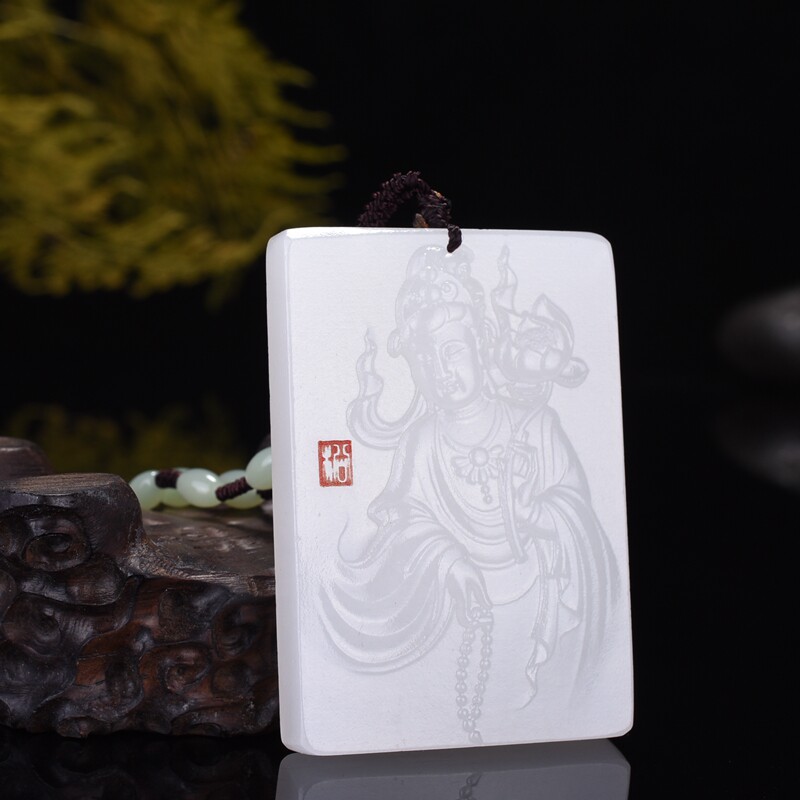 新疆和田玉观音项坠莲花观音玉牌子吊坠羊脂级佛珠观音玉坠男女款