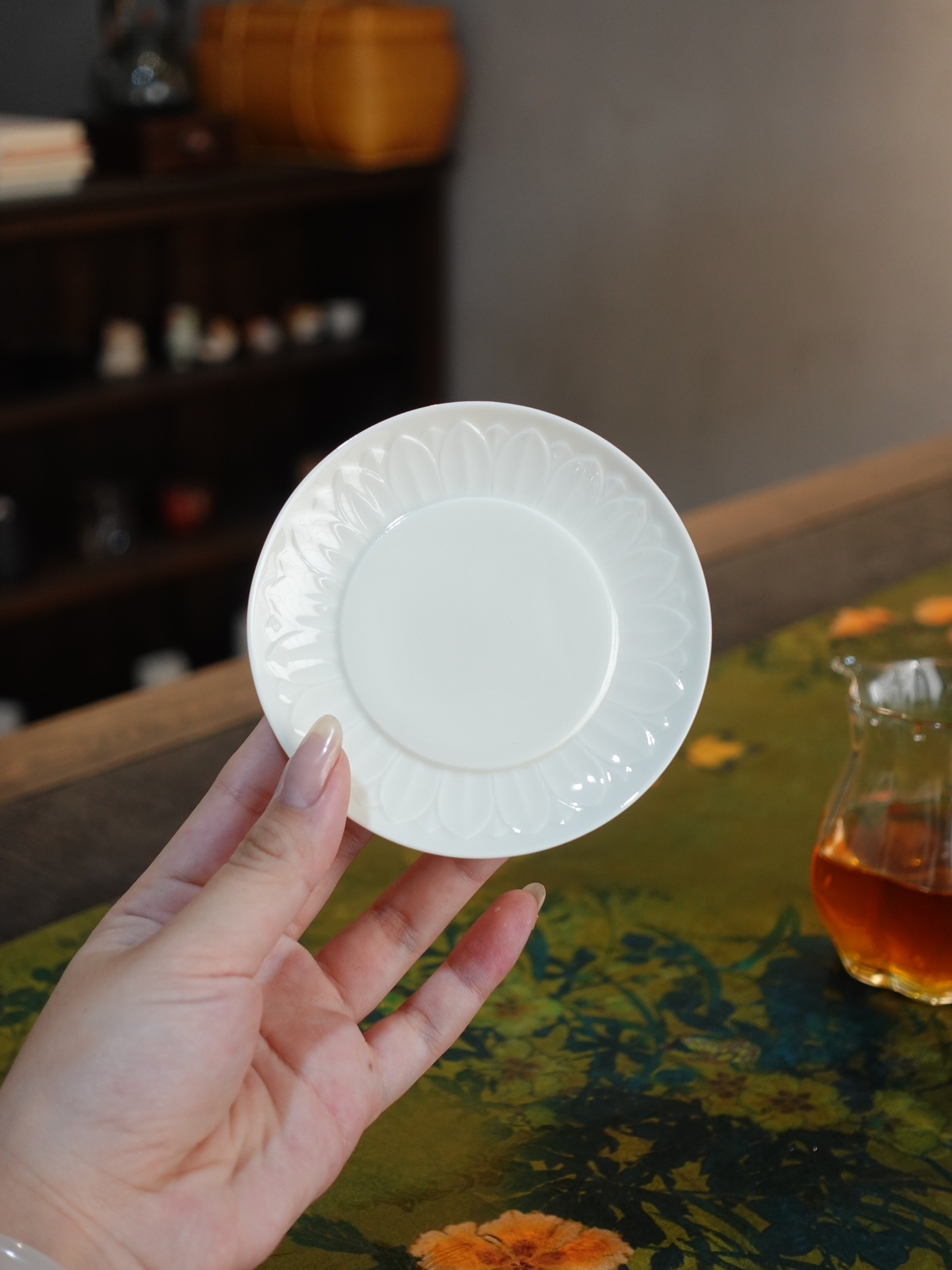 仿宋定窑白陶瓷盖碗品茗茶杯功夫茶具「莲瓣杯垫」