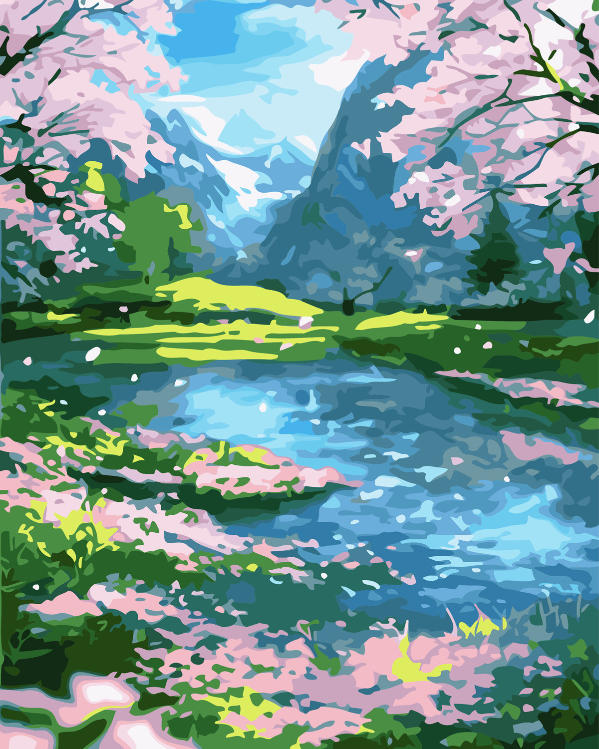 diy数字油画自己填色材料包粉樱桃杏花蓝花楹大道春天气息装饰画